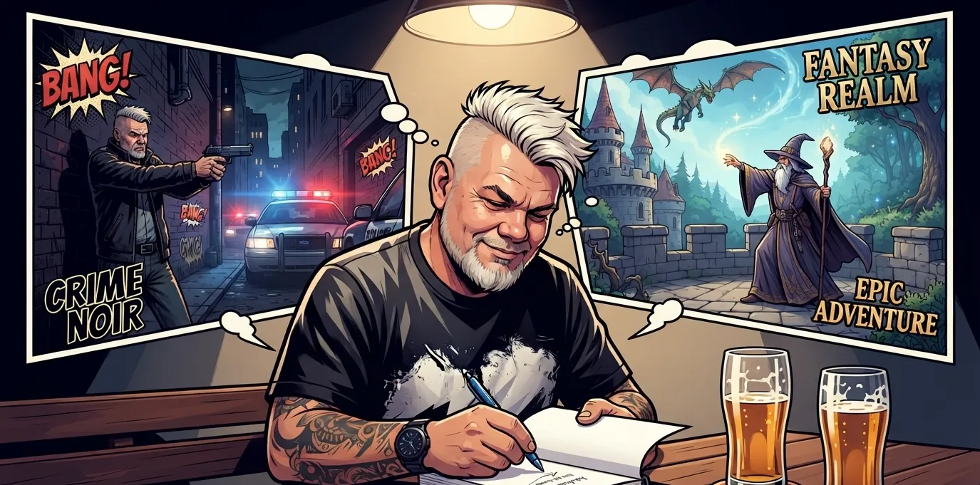 Jakub Bouda při psaní, obklopený scénami z krimi a fantasy světů